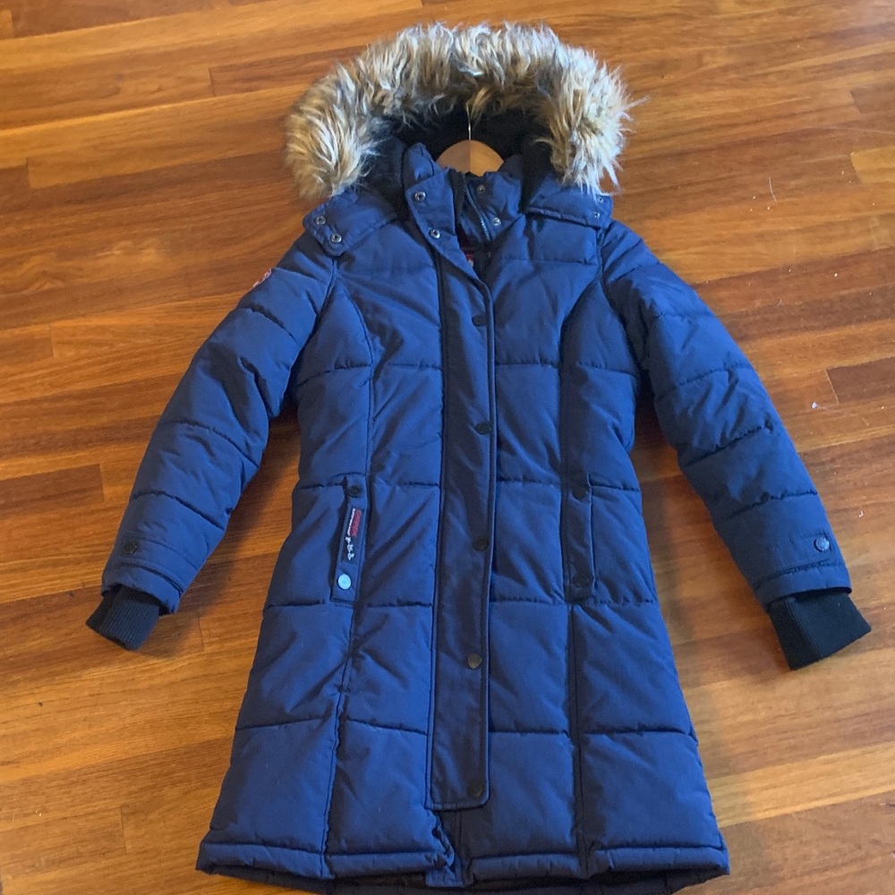Navy Blue Canada Weather Gear Super Triple Goose Coat with Faux Fur Trim